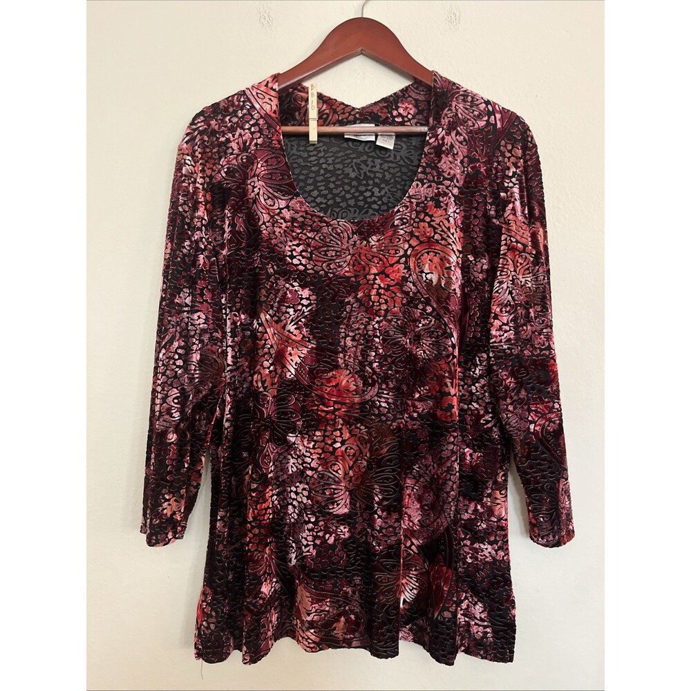 Chico's Chicos Velvet Burnout Autumn 3/4 Sleeve Scoop Neck Top Shirt SZ 3 L